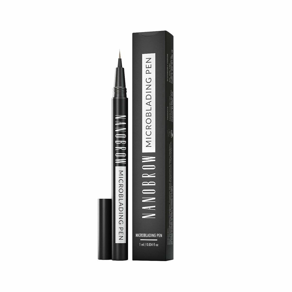 Schwarzer Microblading Pen mit geöffneter Kappe. Schwarze Verpackung mit weißer Schrift: Nanobrow Microblading Pen.