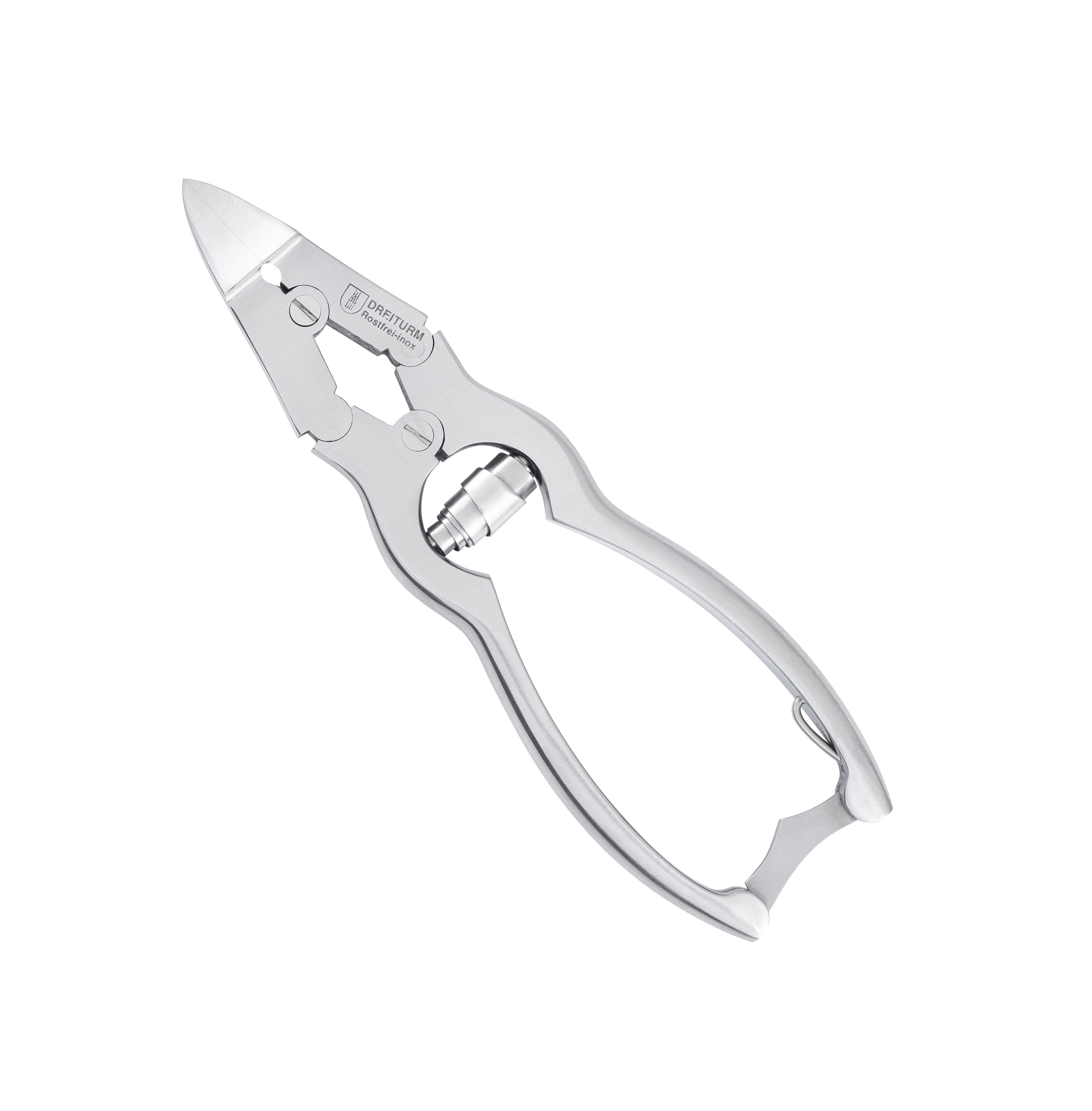 Metall-Nagelzange. Silberfarben. Mit Hebelmechanismus und abgewinkelter Schneide. Marke DREITURM Solingen.