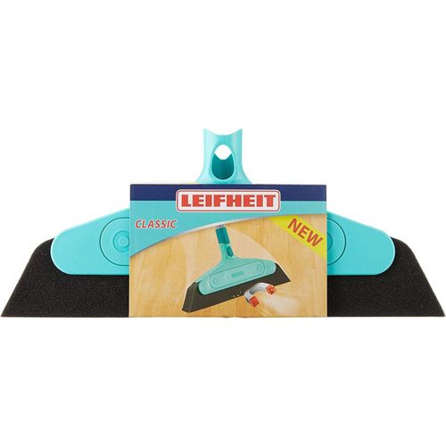 Türkis Schaumstoffbesen mit schwarzem Schwamm. Verpackung mit Leifheit-Logo und "NEW" Aufkleber.