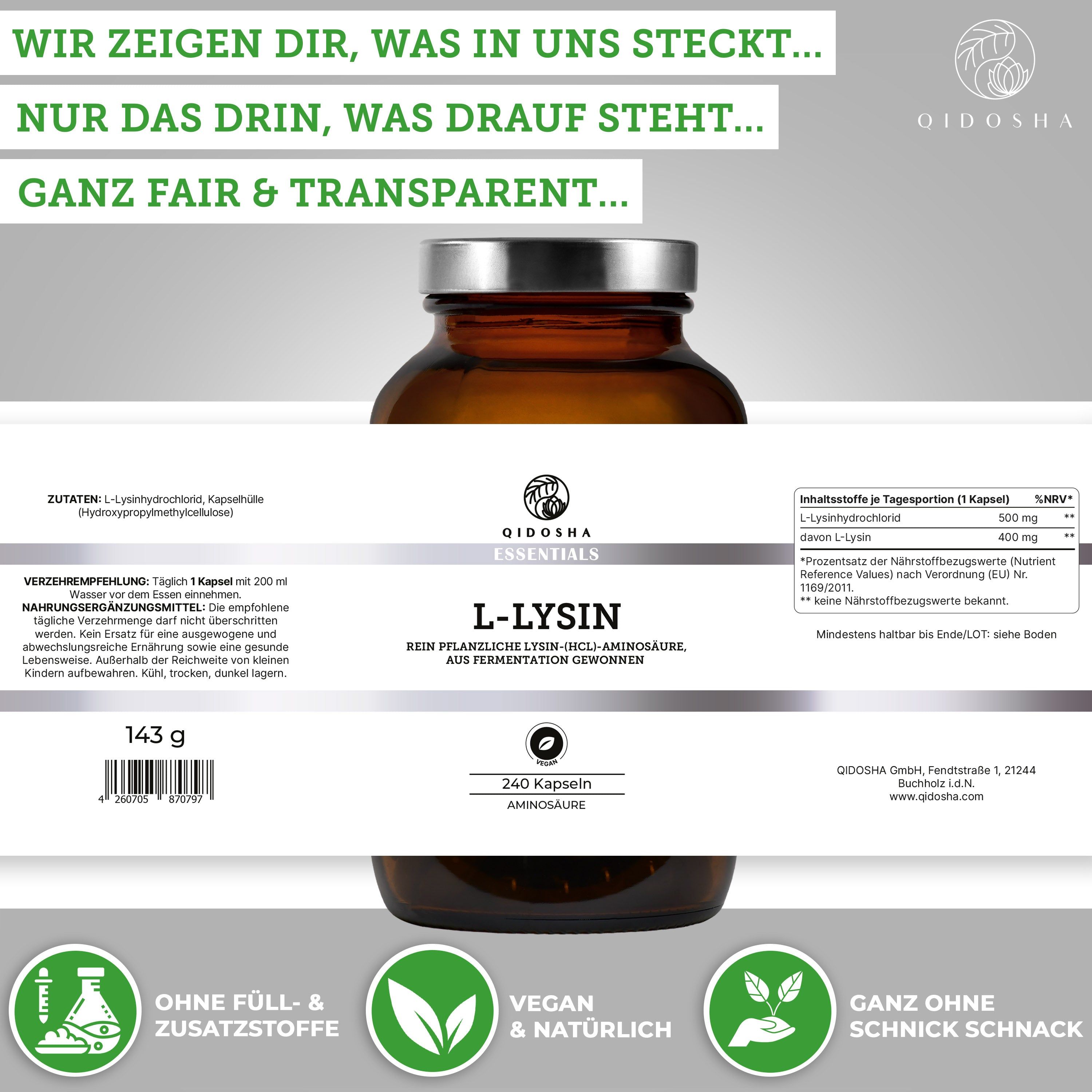 Flasche mit L-Lysin Kapseln, 240 Stück. Informationen zu Inhaltsstoffen und Nährwert.