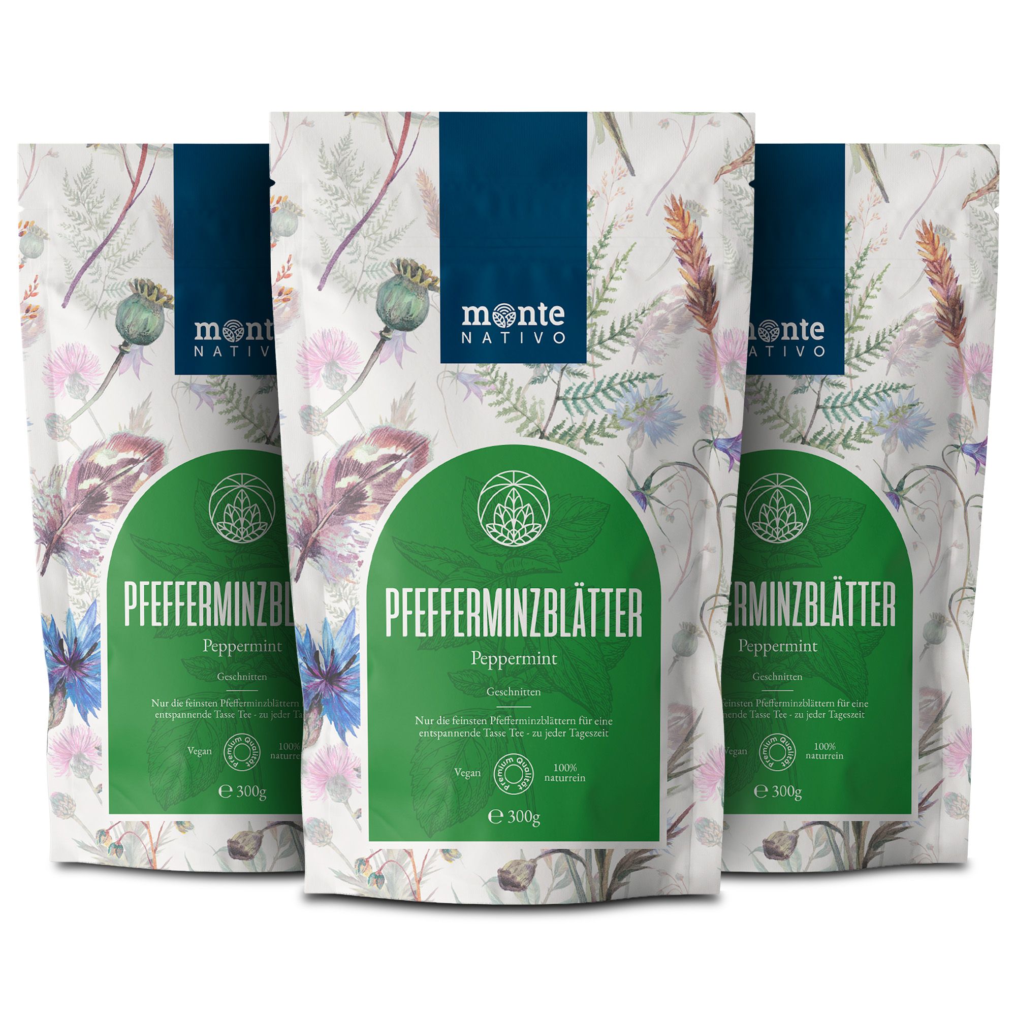 Drei Beutel Monte Nativo Pfefferminzblätter Tee, je 300g. Floral gemustert, vegan, 100% natürlich.