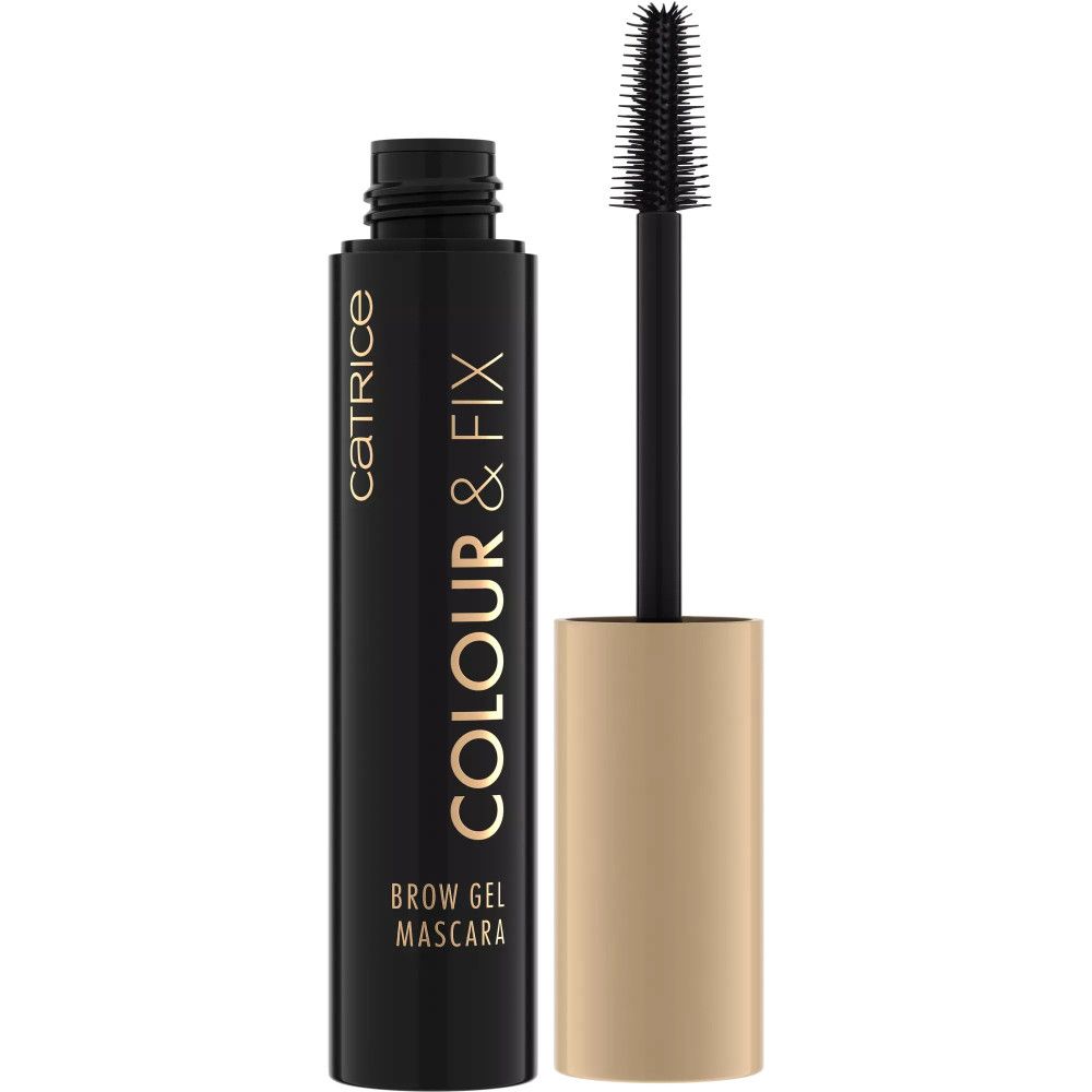 Schwarze Mascarabürste und -flasche. Aufschrift: Catrice, Colour & Fix, Brow Gel Mascara.