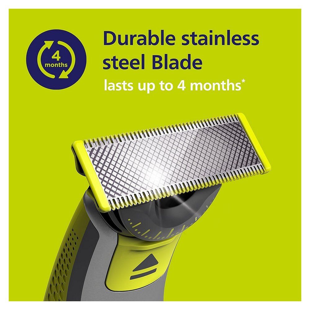 Nahaufnahme einer Philips OneBlade 360 Klinge aus Edelstahl. "Durable stainless steel Blade" Text.