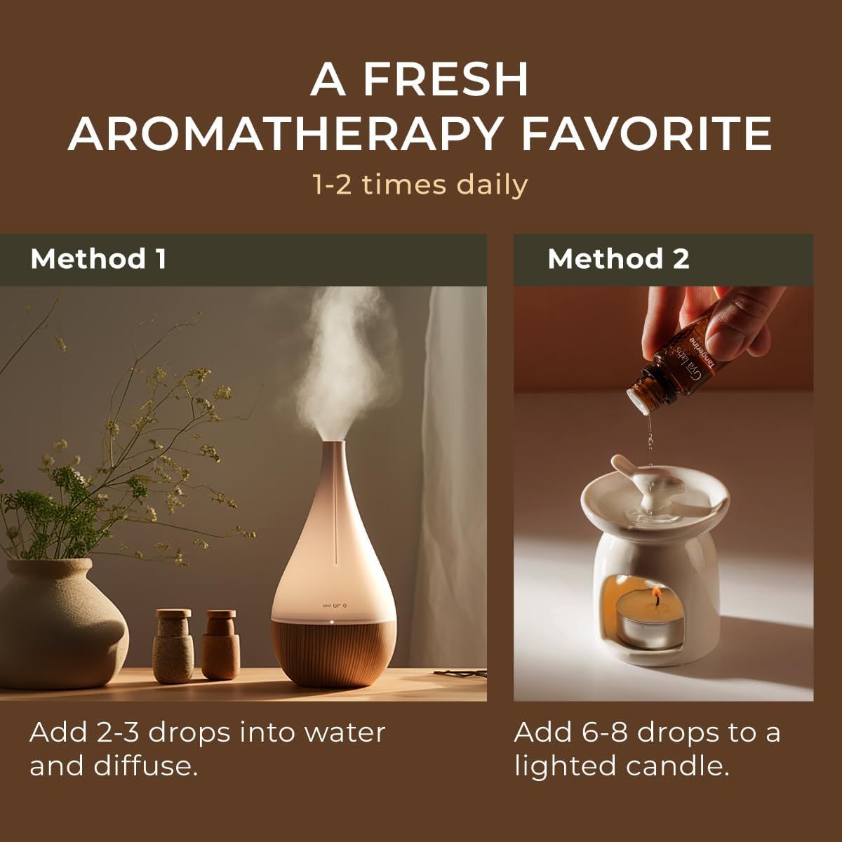 Diffusor mit Dampf, daneben zwei kleine Flaschen. Rechts: Keramik-Duftlampe mit Kerze. Text: A Fresh Aromatherapy Favorite, 1-2 mal täglich.