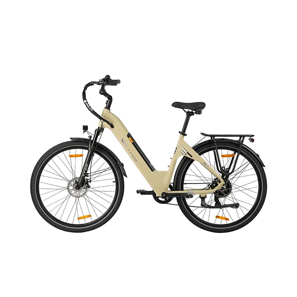 Beige Elektrofahrrad mit schwarzen Reifen, Gepäckträger und Schutzblechen. Schwarzer Sattel und Lenker. Beleuchtung.