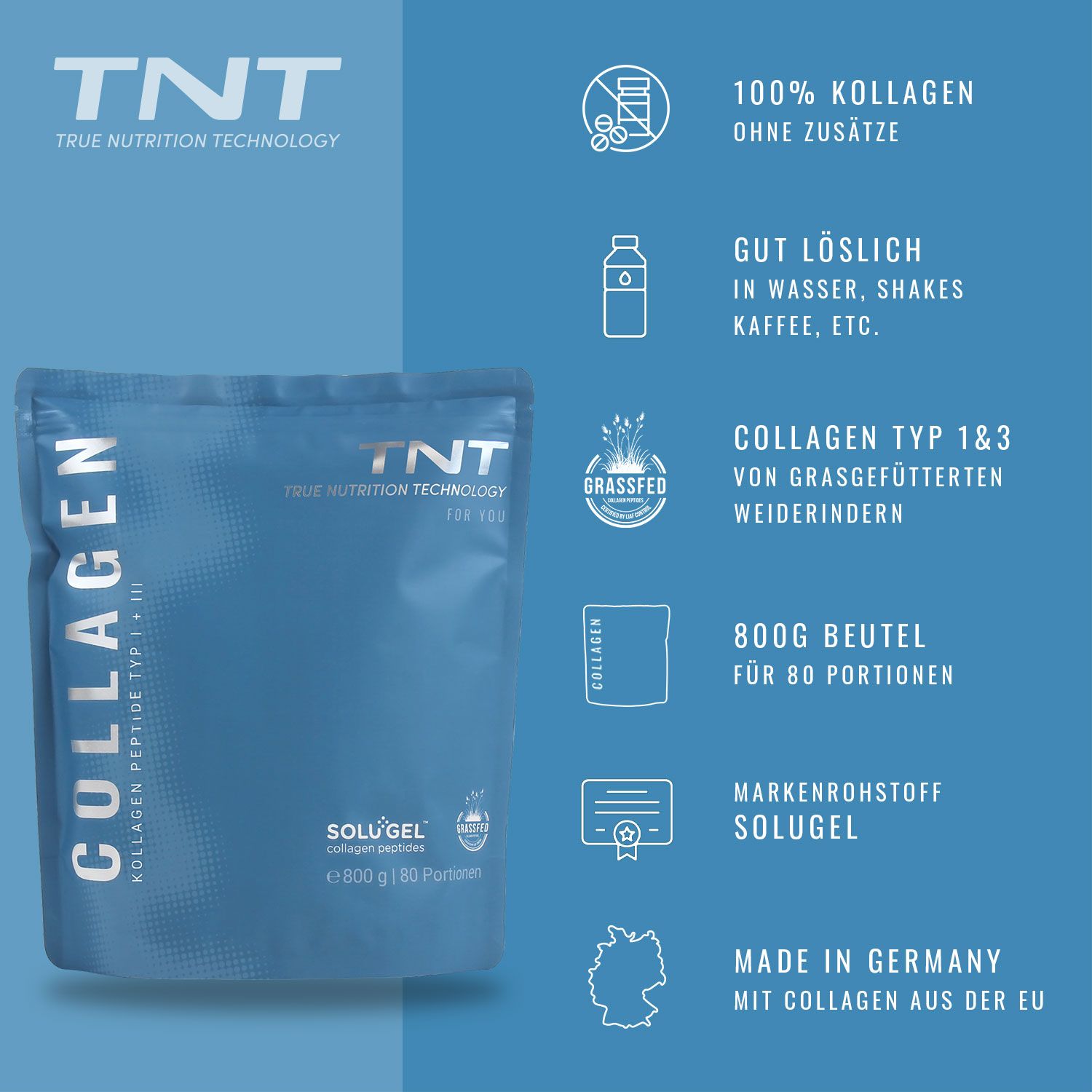 Blaues Produkt-Packaging mit Texten: "TNT", "COLLAGEN", "100% KOLLAGEN", "COLLAGEN TYP 1&3", "800G BEUTEL", "SOLU'GEL", "MADE IN GERMANY".
