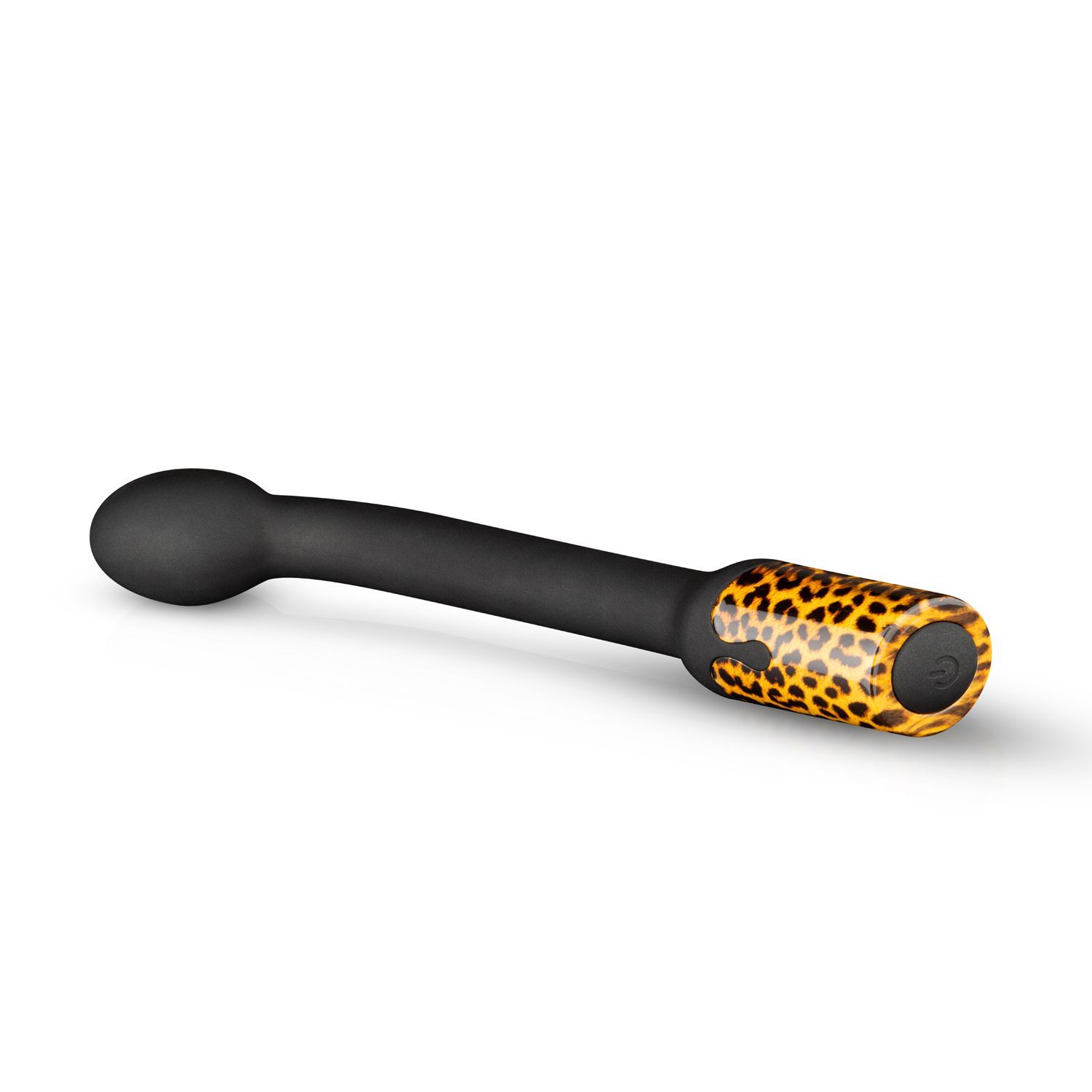 Vibratore nero curvo con motivo leopardato sull'impugnatura. Su sfondo bianco.