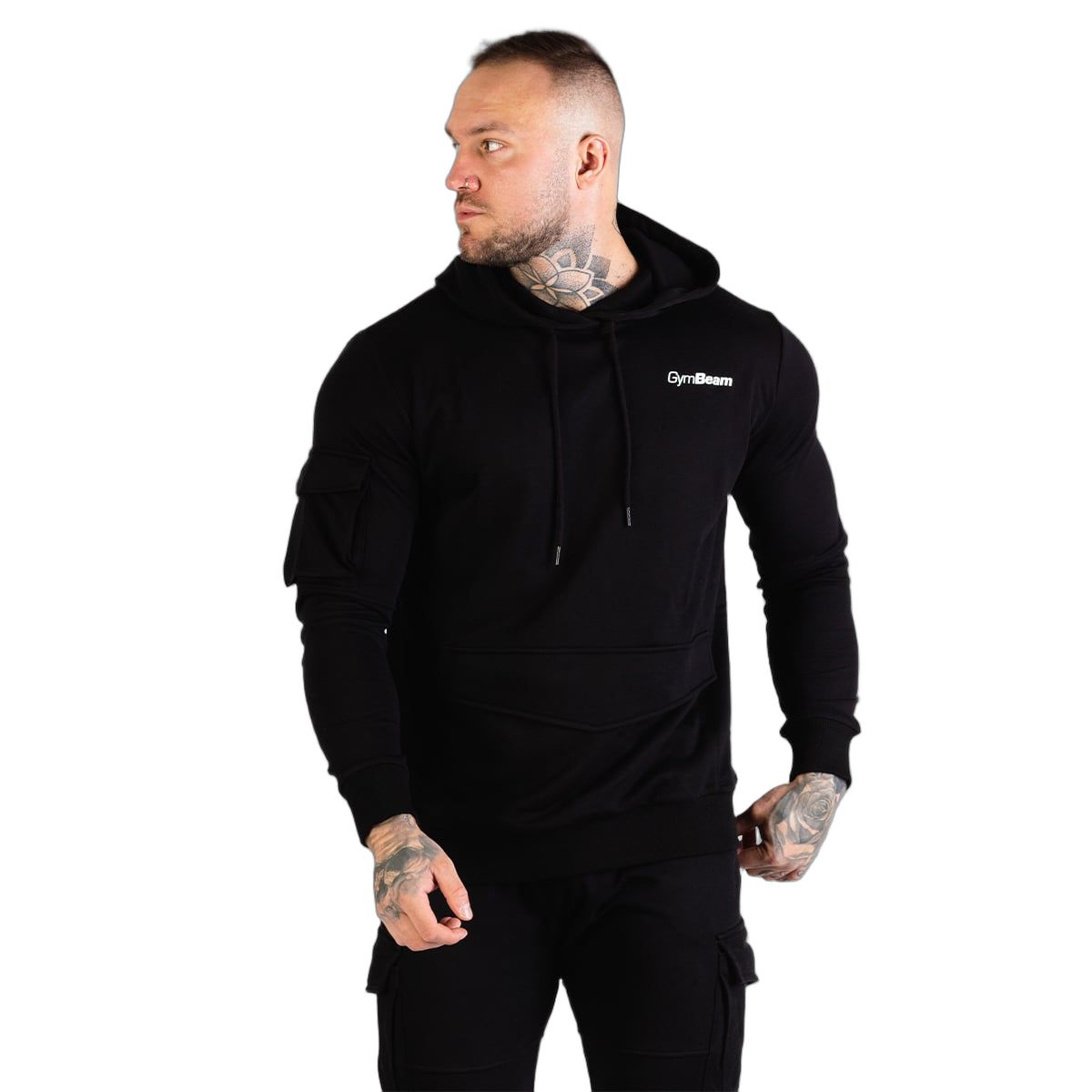 GymBeam Hoodie Herren Regular mit Kapuze, Langarm und ohne Reißverschluss in Schwarz 1 St
