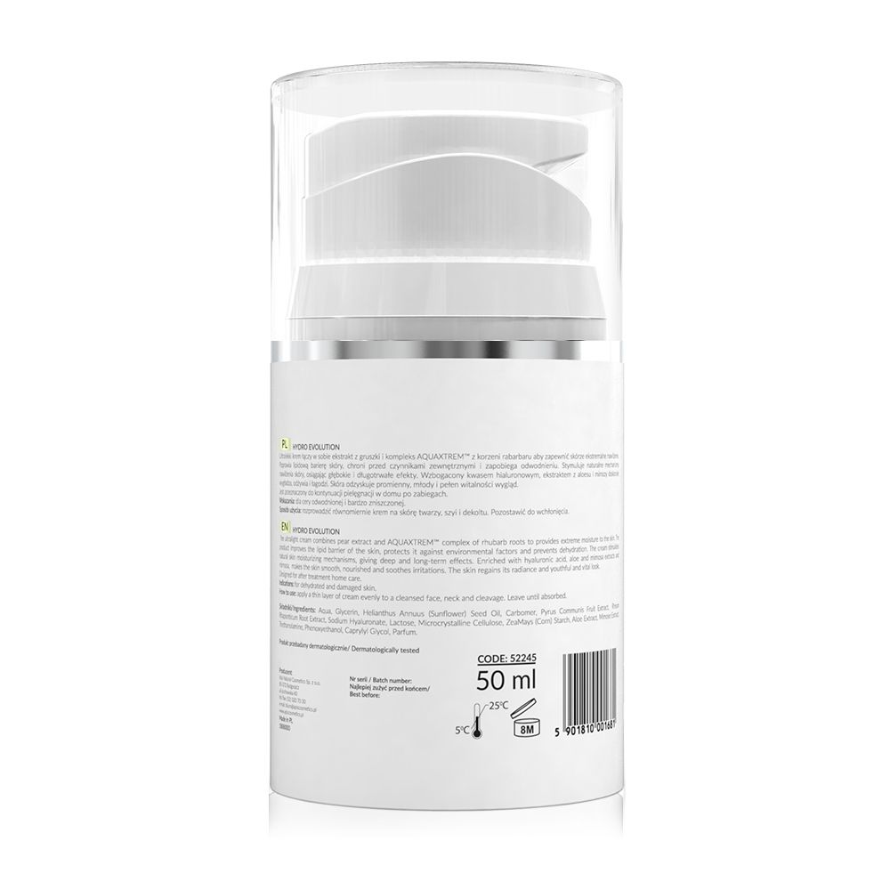 Rückansicht des weißen Spenders. Enthält Textinformationen und Barcode. 50 ml.