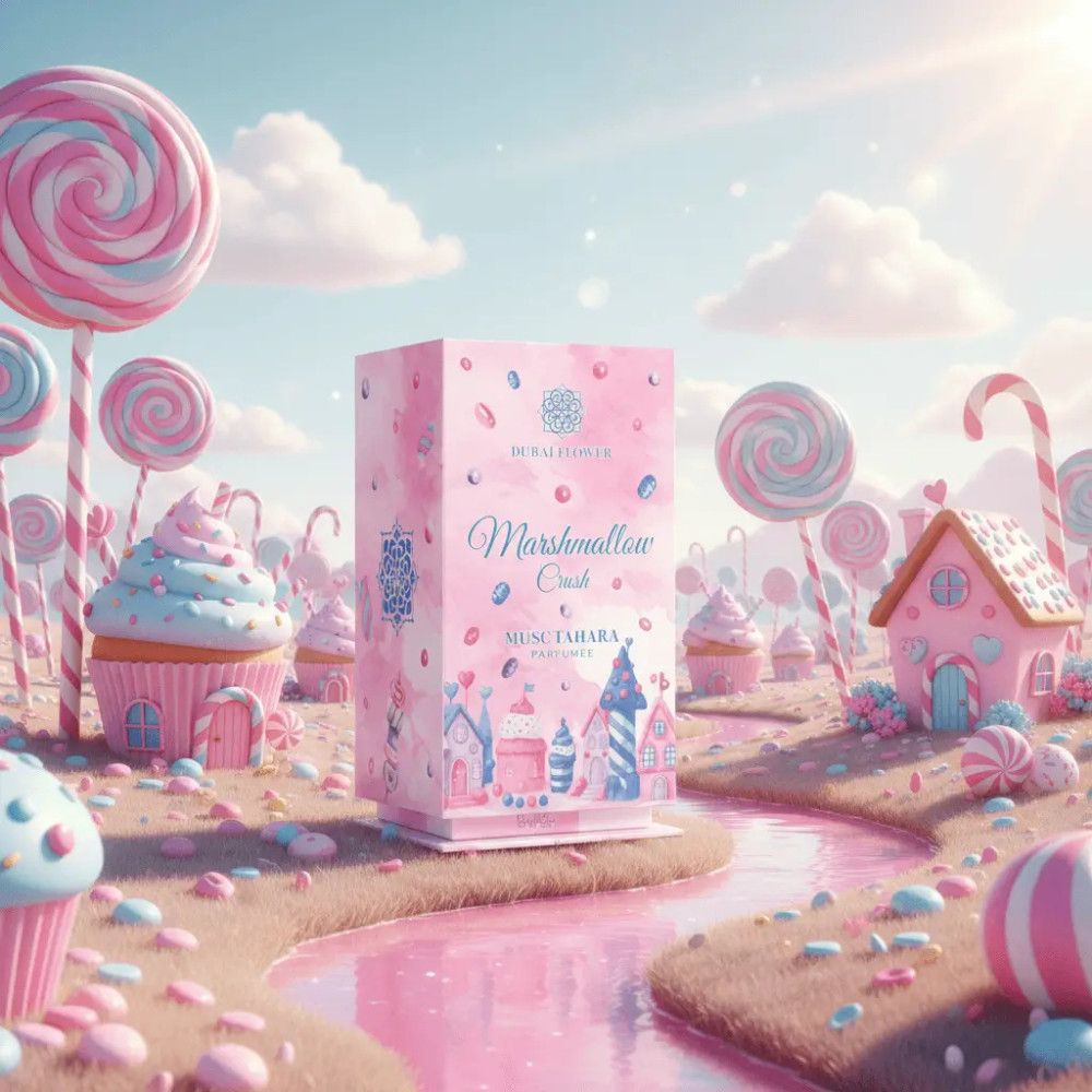 Rosa Verpackung mit Aufschrift "Dubai Flower Marshmallow Crush". Illustrationen von Häusern und Süßigkeiten.