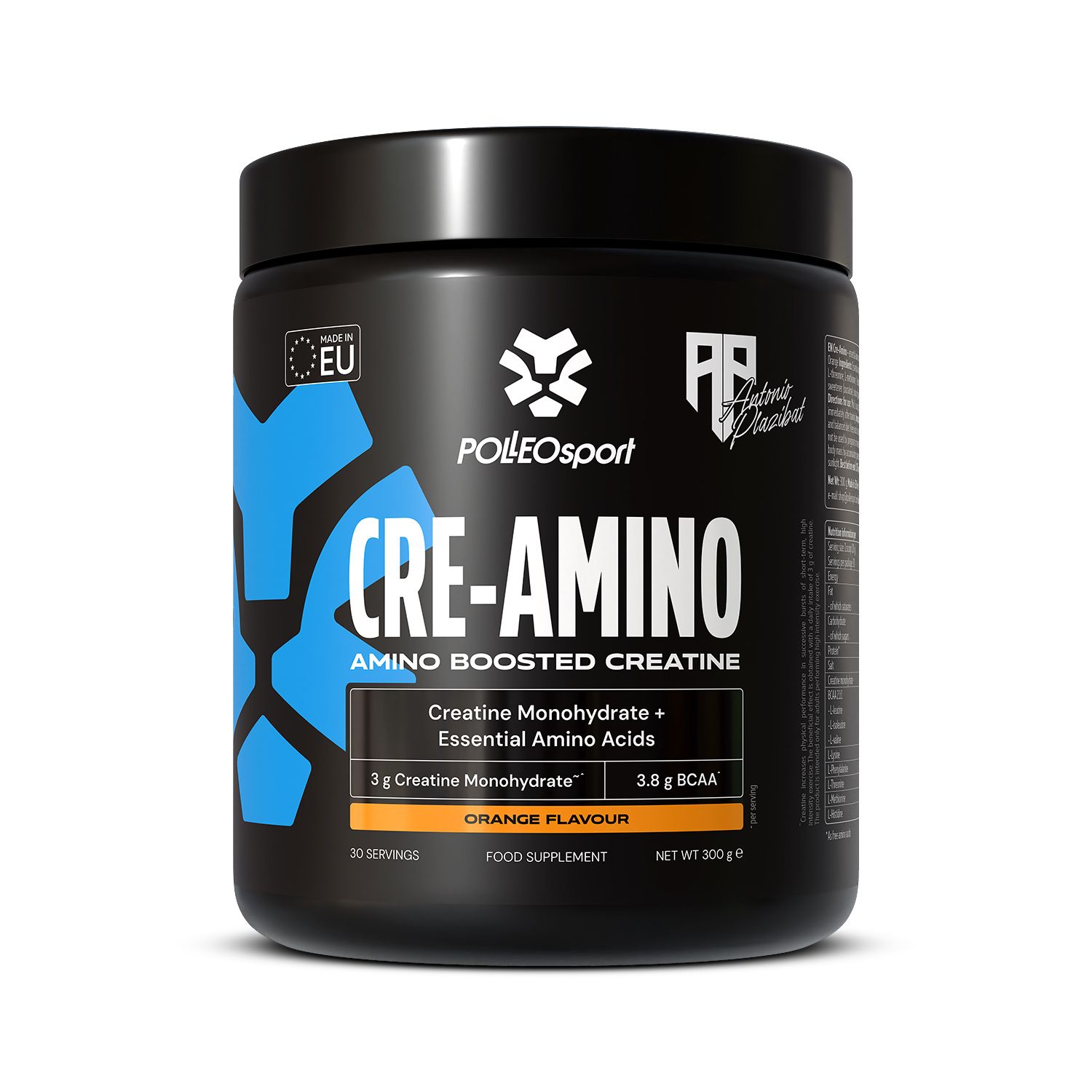 Schwarze Dose mit Aufschrift CRE-AMINO, POLEOSport Logo und EU-Zertifizierung. Enthält Kreatin-Monohydrat und essentielle Aminosäuren. Orange Geschmack.