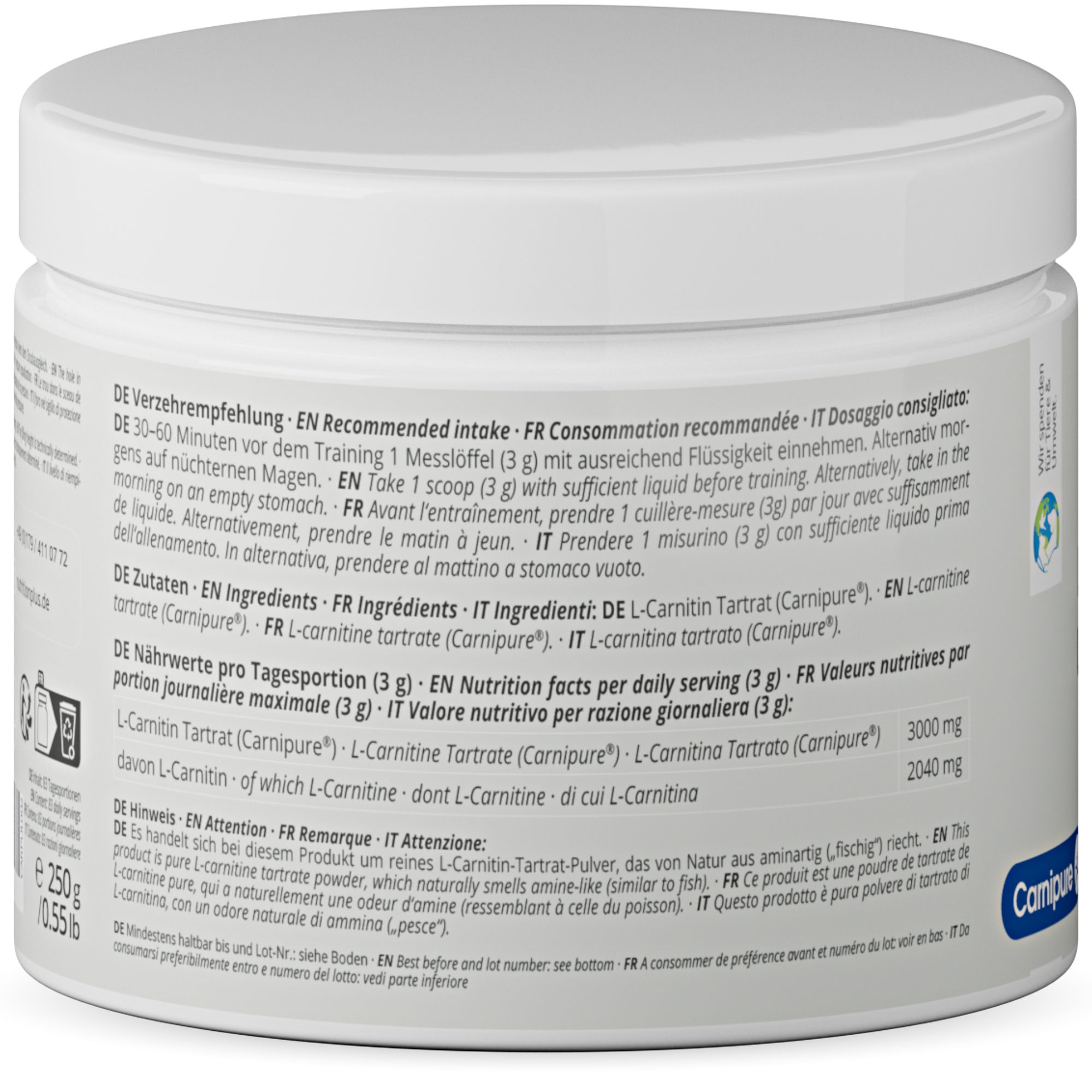 Rückseite des Produktglases mit Verzehrempfehlung und Zutatenliste in mehreren Sprachen. 250g. Carnipure®-Logo.