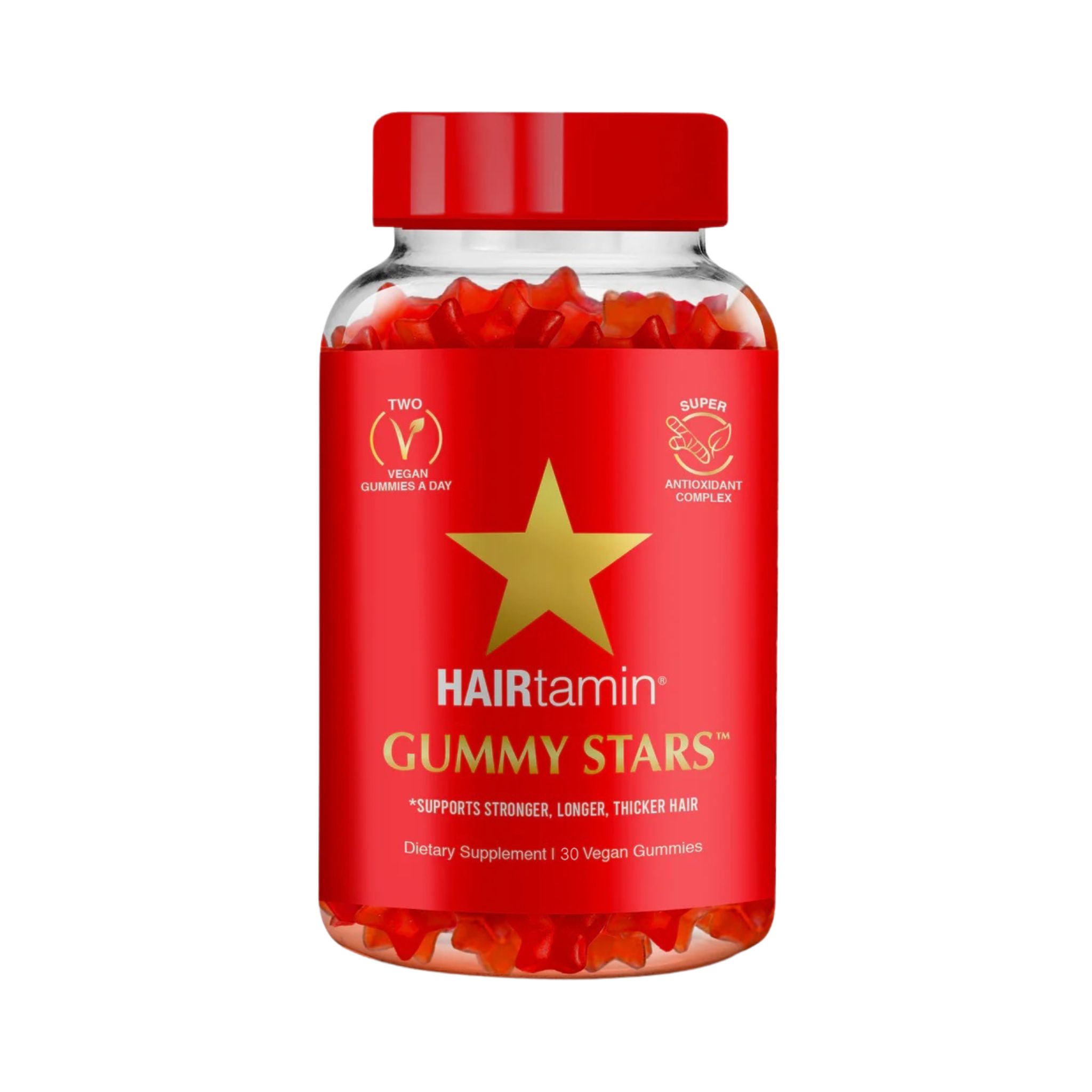 Rote Flasche mit HAIRtamin Gummy Stars. Aufschrift: Gummy Stars, Vegan Gummies, Antioxidantien-Komplex. Sterne-Gummis sichtbar.