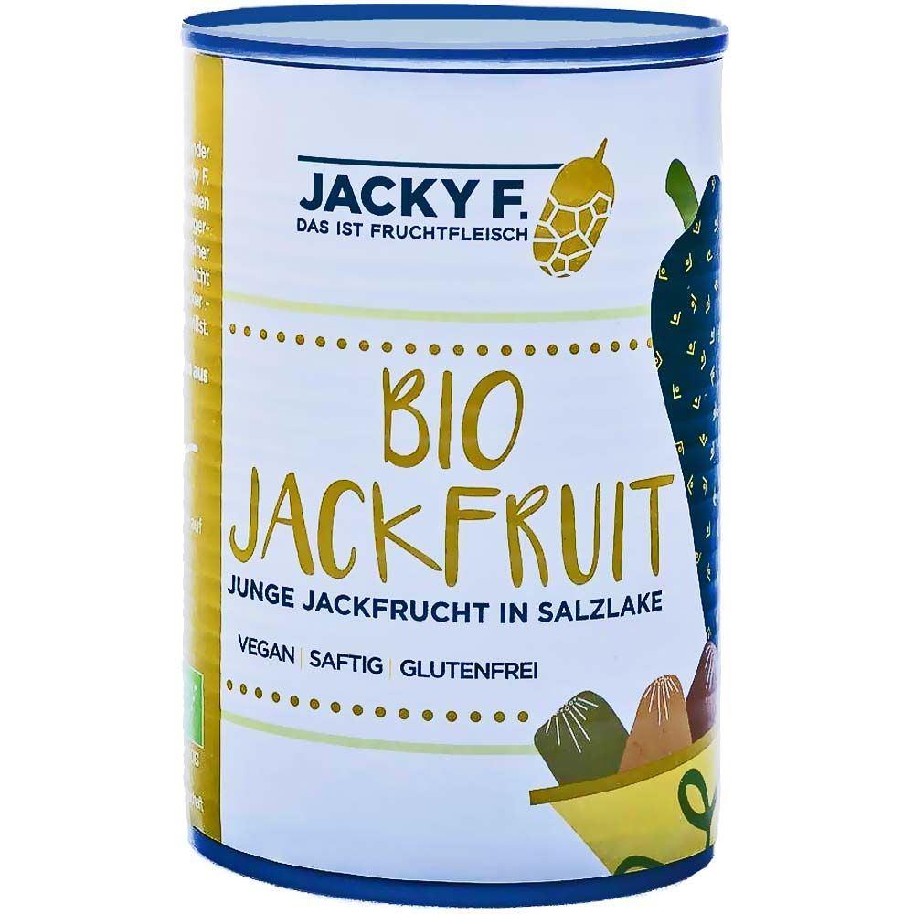Zylindrische Dose mit Aufschrift "BIO JACKFRUIT". Enthält junge Jackfrucht in Salzlake. Vegan, saftig, glutenfrei.