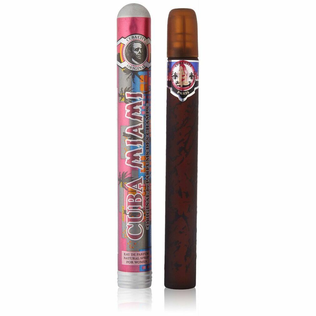 Parfumspray in Zylinderverpackung. Rosa, blau und weiß. Aufschrift: CUBA MIAMI. Flakon in Zigarrenform.