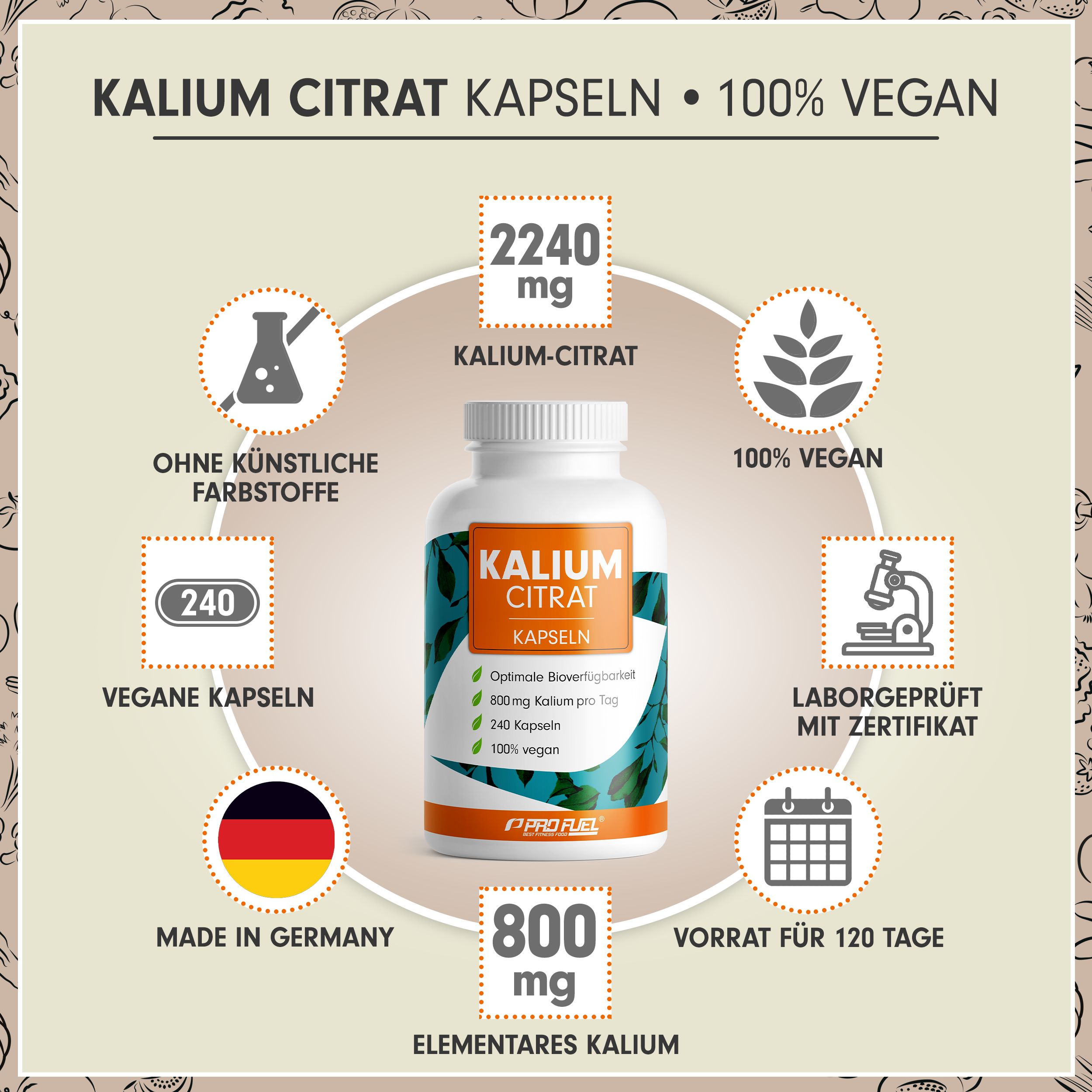 Weiße Flasche mit Kapseln. Aufschrift: Kalium Citrat Kapseln. Enthält 2240 mg Kaliumcitrat, 240 Kapseln, 100% vegan. Mit Zertifikat. Hergestellt in Deutschland.