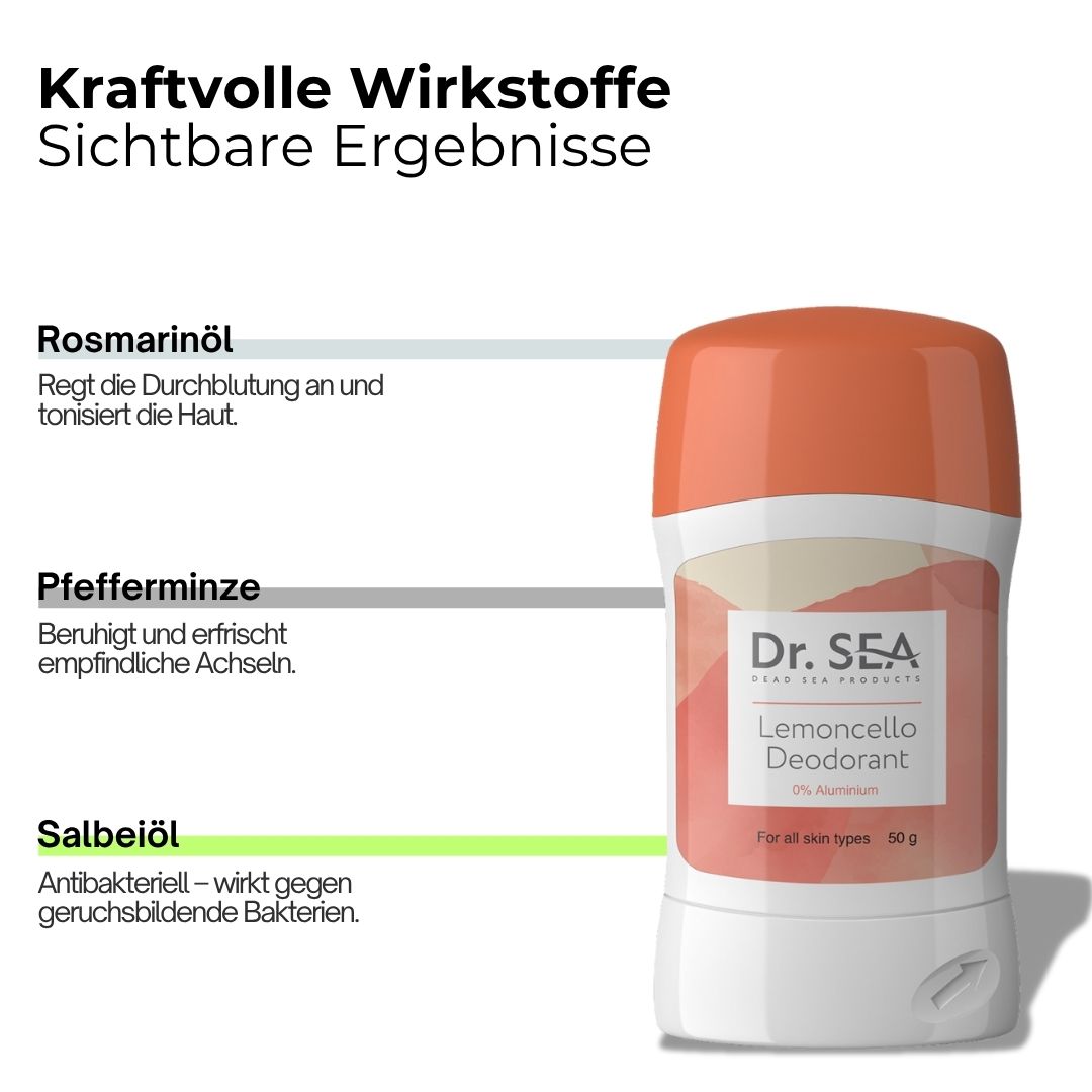 Deodorant-Stick mit Text. Text: Kraftvolle Wirkstoffe, Rosmarinöl, Pfefferminze, Salbeiöl. Aufschrift: Dr. SEA, Lemoncello Deodorant, 0% Aluminium.