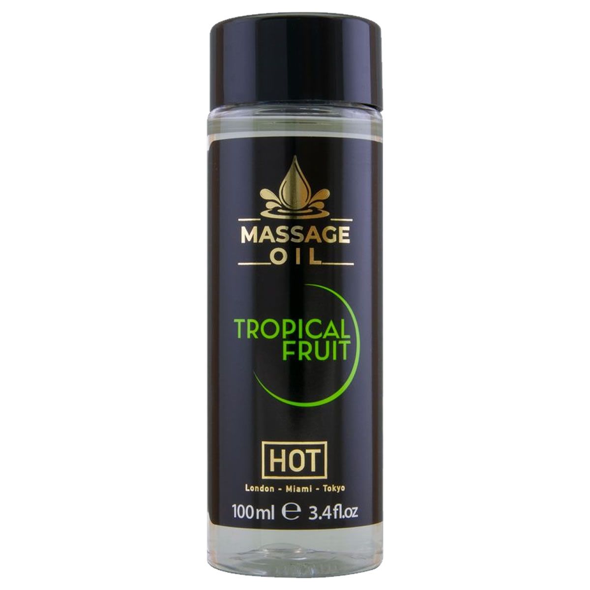 Massageöl Flasche mit schwarzem Etikett, Aufschrift "Massage Oil Tropical Fruit HOT".