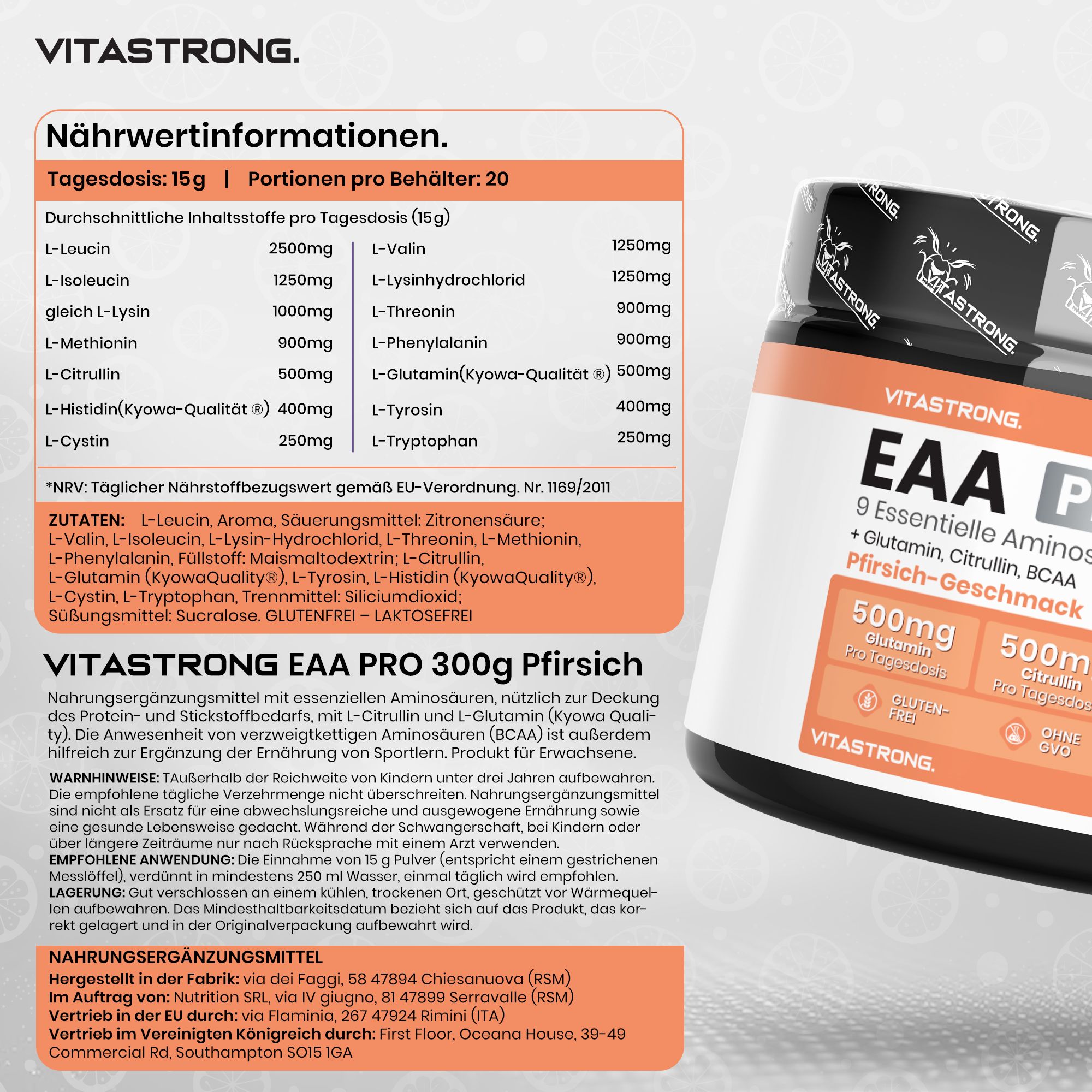 Vitastrong EAA Pro, Dose. 9 Aminosäuren, BCAA, Glutamin. Pfirsich-Geschmack. Nährwertangaben und Text.