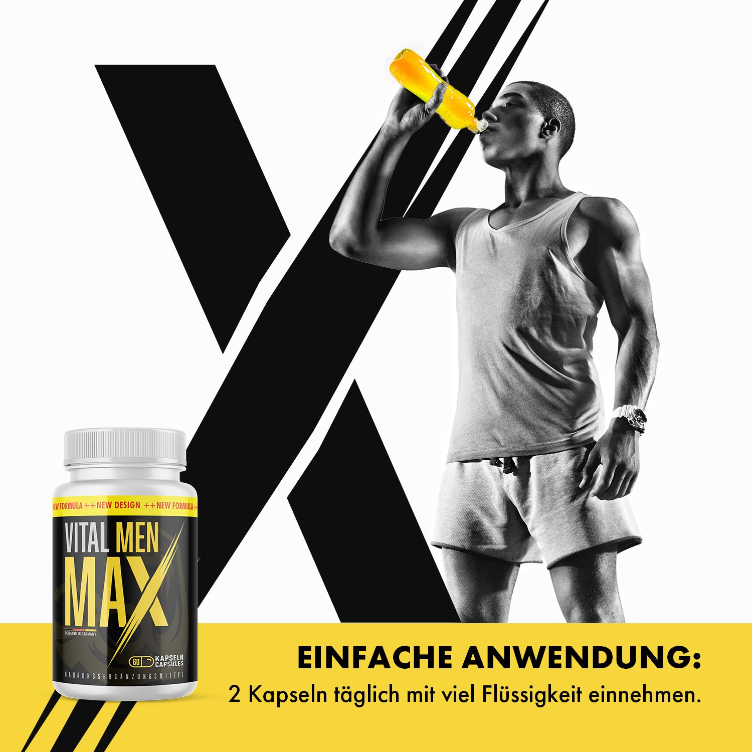 Mann trinkt Getränk, daneben Flasche VITAL MEN MAX. Text: EINFACHE ANWENDUNG: 2 Kapseln täglich mit viel Flüssigkeit einnehmen.