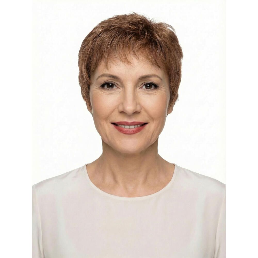 Kurzhaarperücke in Braun-Rot-Tönen. Frontale Ansicht einer Frau mit Perücke. Helles Oberteil.