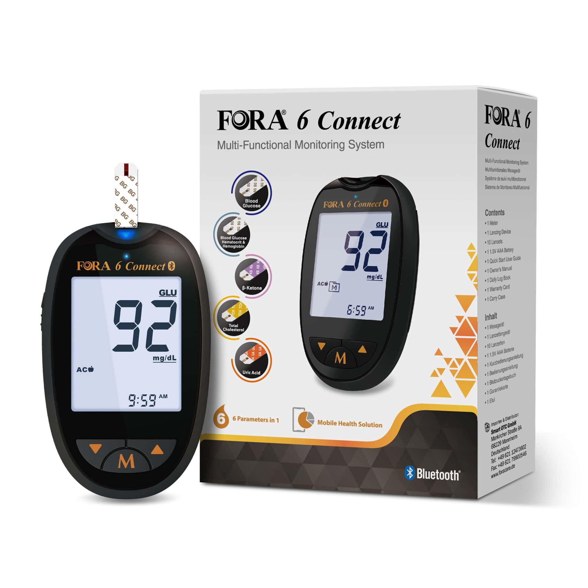 FORA 6 Connect Blutzuckermessgerät und Verpackung, 6 Parameter in 1.