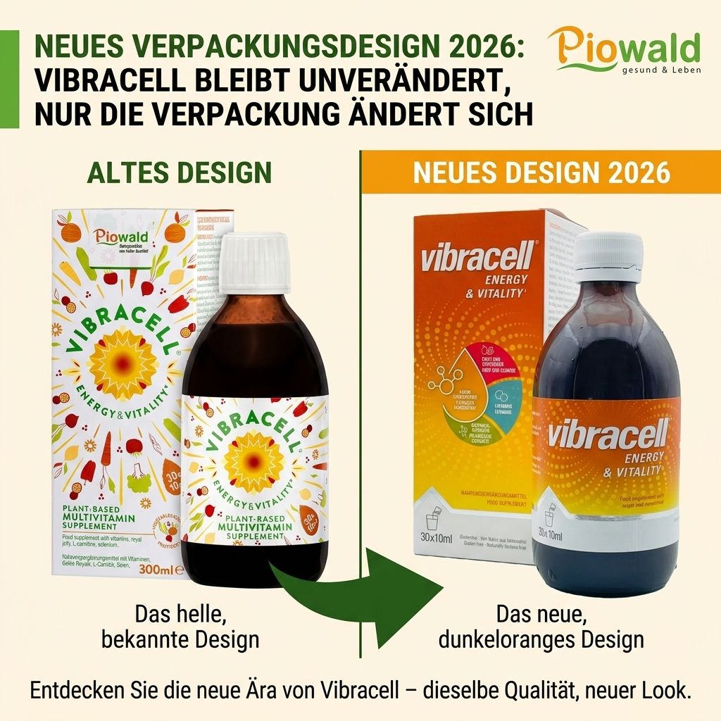 Vergleich: Altes und neues Design von Vibracell®. Gezeigt werden Flasche und Verpackung, dunkelorange und hell.