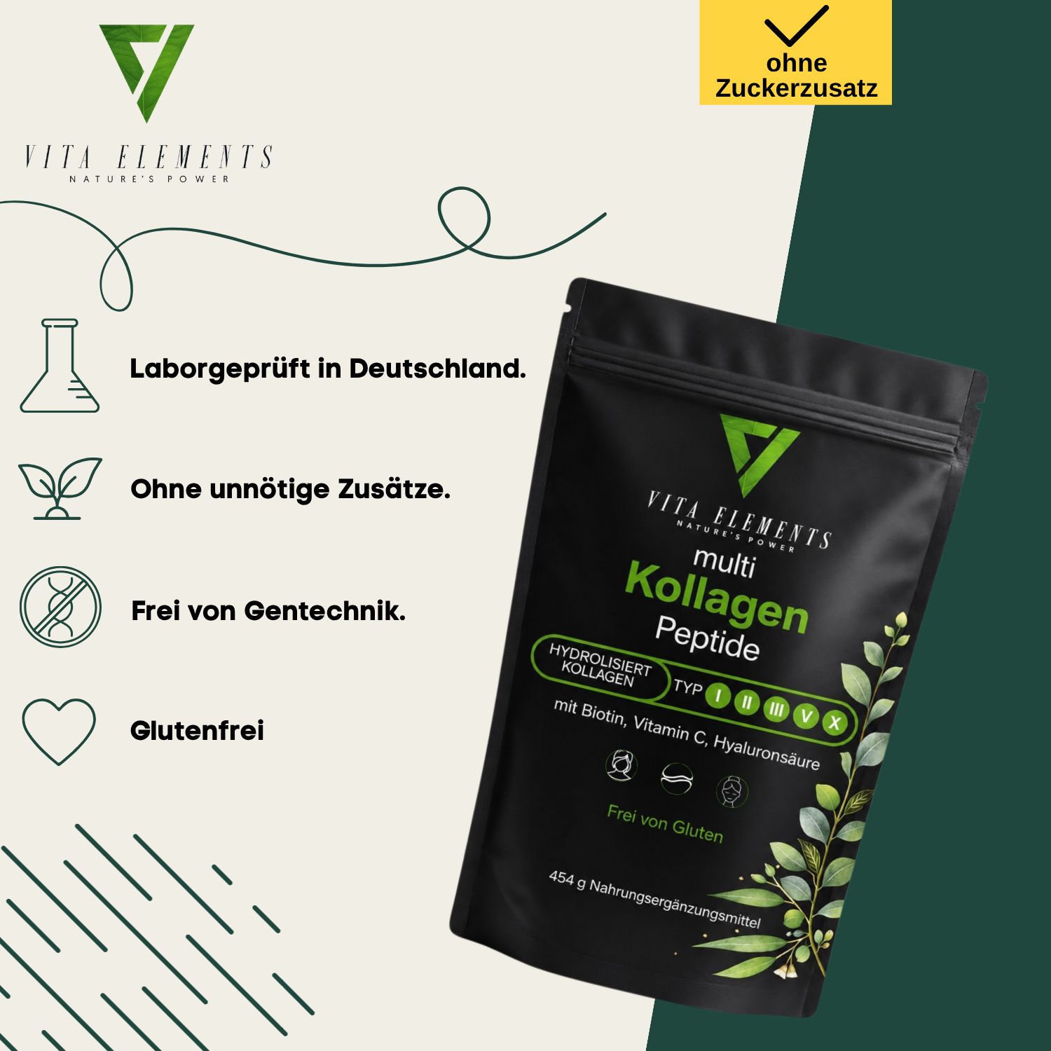 Vita Elements Multi Kollagen Peptide Beutel. Laborgeprüft in Deutschland, ohne unnötige Zusätze, gentechnikfrei und glutenfrei. Ohne Zuckerzusatz.