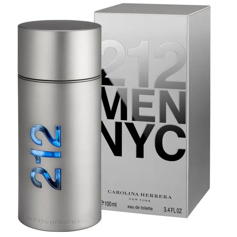 Silberfarbene Flasche und Verpackung. Auf der Flasche steht "212" in Blau. Auf der Verpackung steht "212 MEN NYC" und "Carolina Herrera".