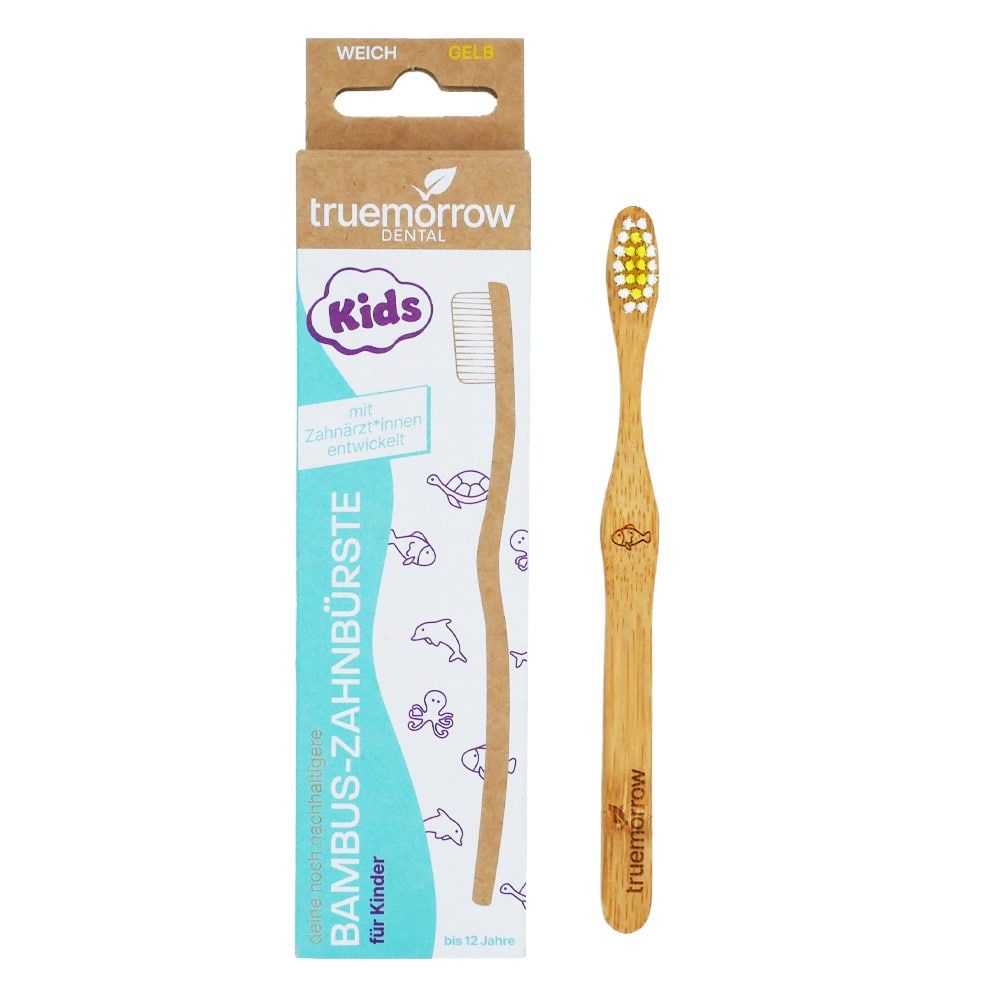 truemorrow Bambus-Zahnbürste für Kinder (mit Meerestier-Gravuren) Gelb / Weich