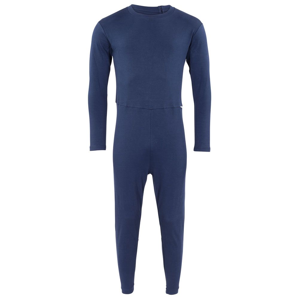 Blauer Pflegeoverall mit langen Ärmeln und Beinen. Rücken- und Bein-RV. Der Overall ist flach ausgebreitet.
