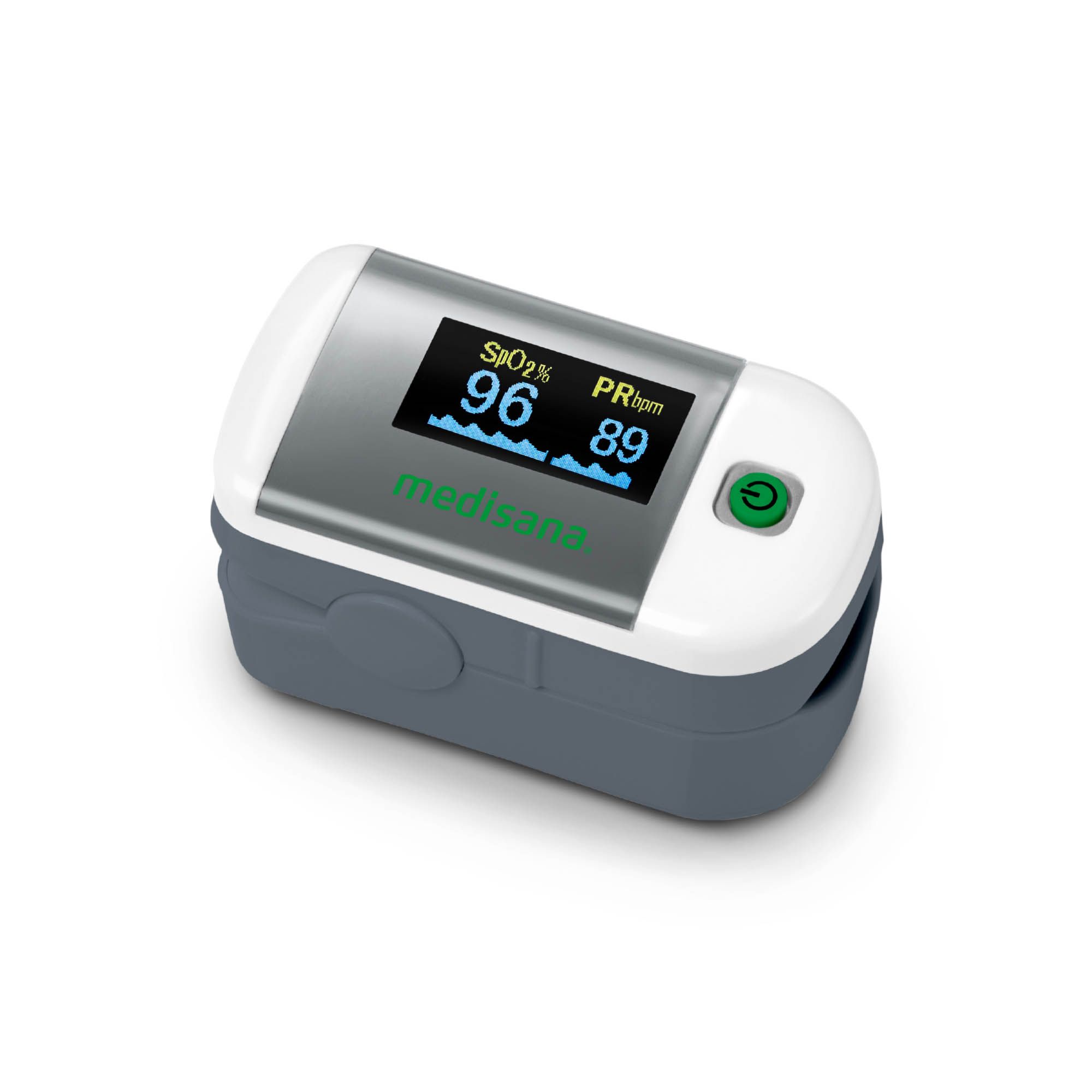 Medisana PM 100 pulsoximeter. Grijs-wit apparaat met display. Toont zuurstofsaturatie en hartslag.