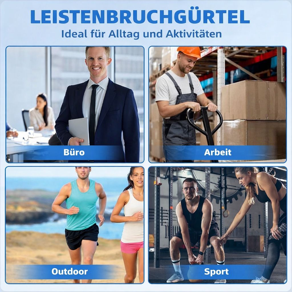 Collage: Büro, Arbeit, Outdoor, Sport. Bilder von Personen in verschiedenen Umgebungen. Text: Leistenbruchgürtel. Ideal für Alltag und Aktivitäten.