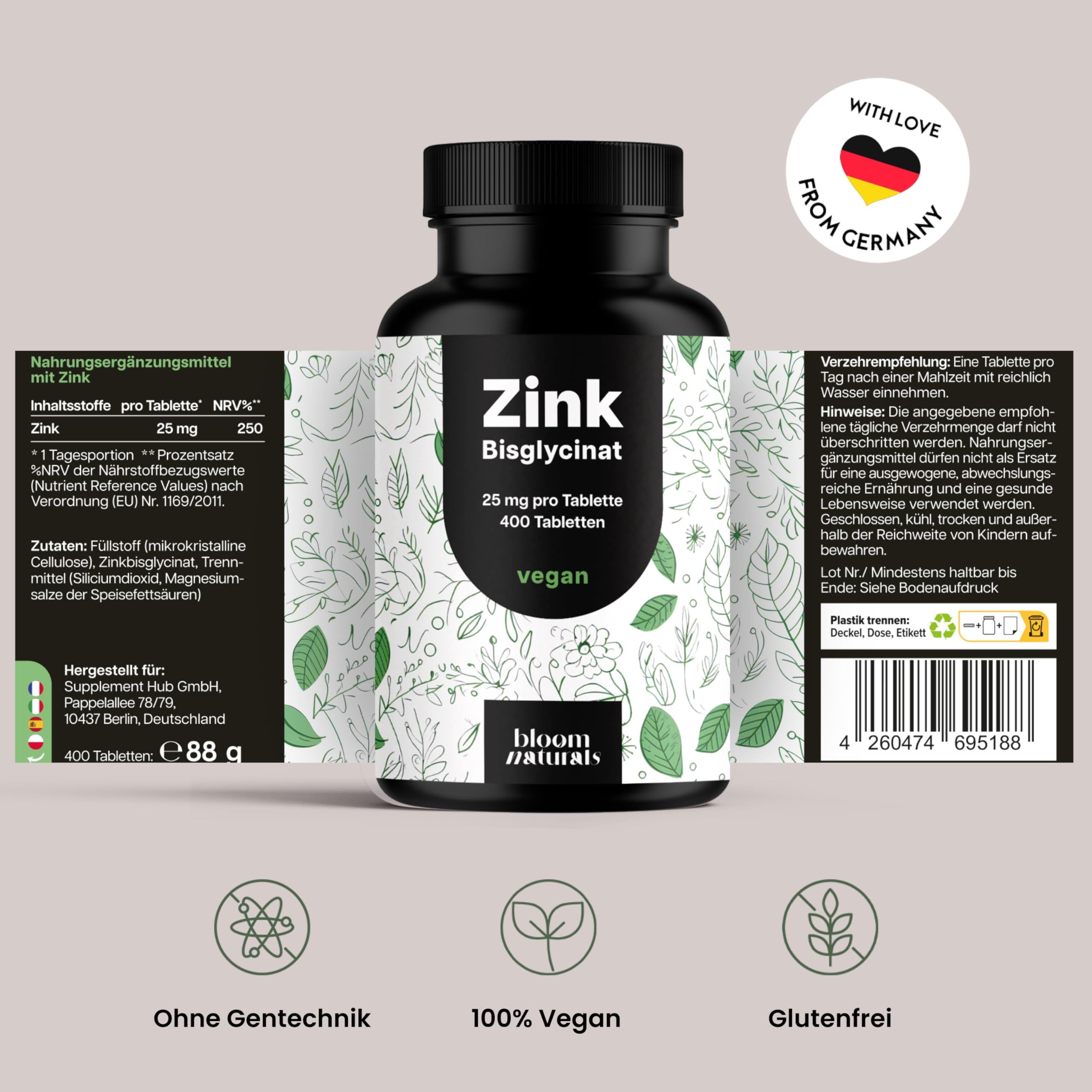 Dose Zink Bisglycinat mit geöffneten Seitenlaschen, zeigt Nährwertangaben und Inhaltsstoffe. "Made in Germany" Siegel.