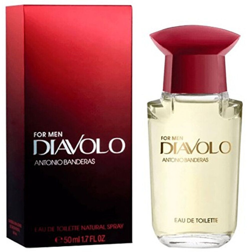 Antonio Banderas Diavolo Man Eau De Toilette Spray. Flakon und Verpackung. Roter Deckel, schwarze Schrift auf rotem Hintergrund. 50ml.