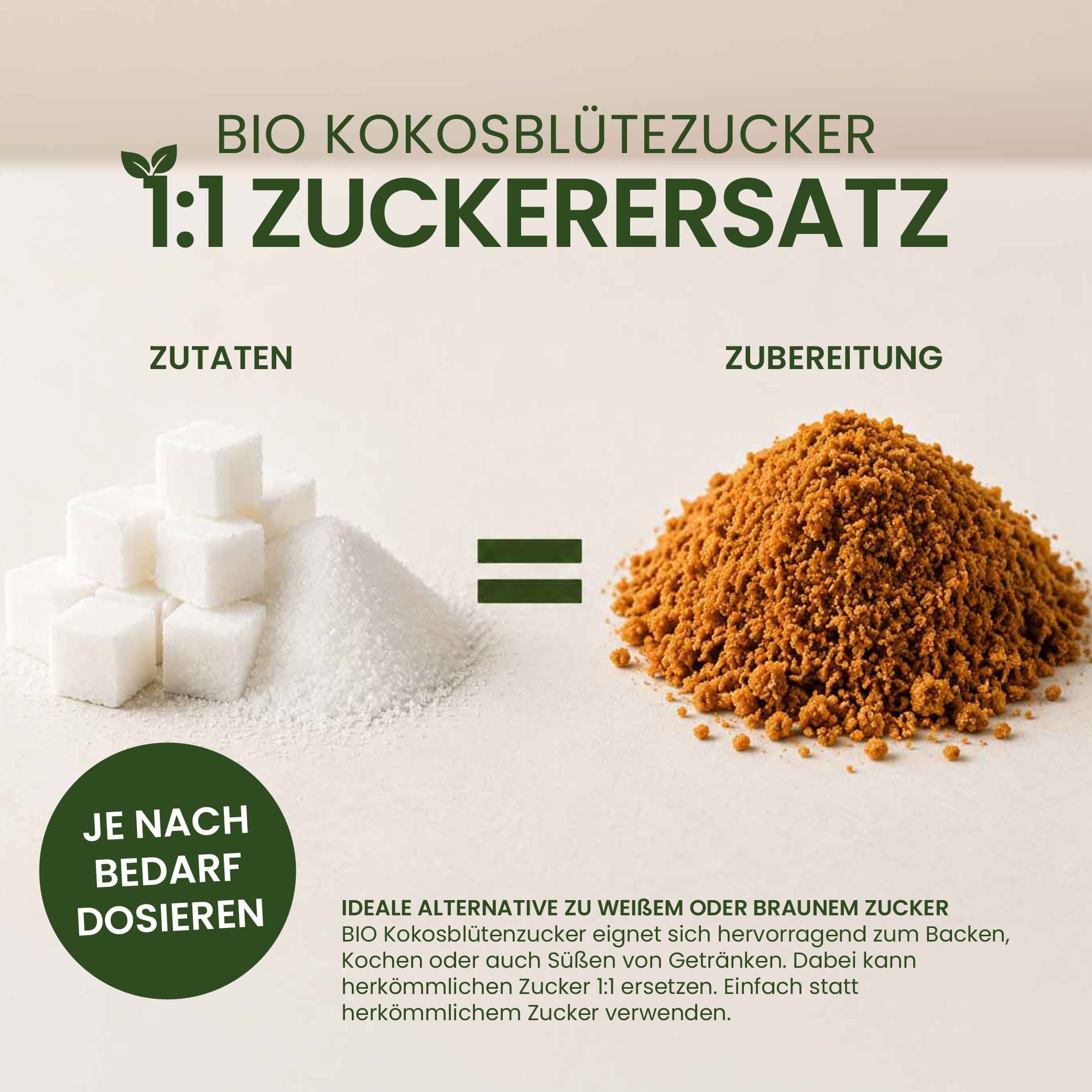 Bio Kokosblütenzucker als 1:1 Zuckersatz. Links: Würfelzucker und Kristallzucker. Rechts: Kokosblütenzucker.