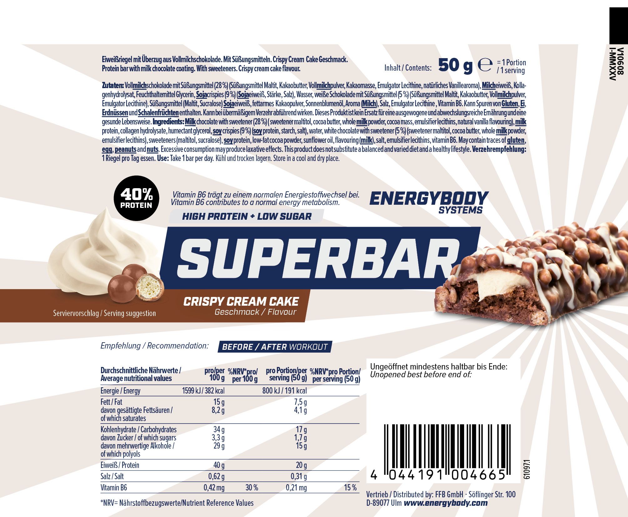 Rückseite der Superbar-Verpackung. Text: Energybody Systems, Superbar, Crispy Cream Cake, 40% Protein, Nährwertangaben.