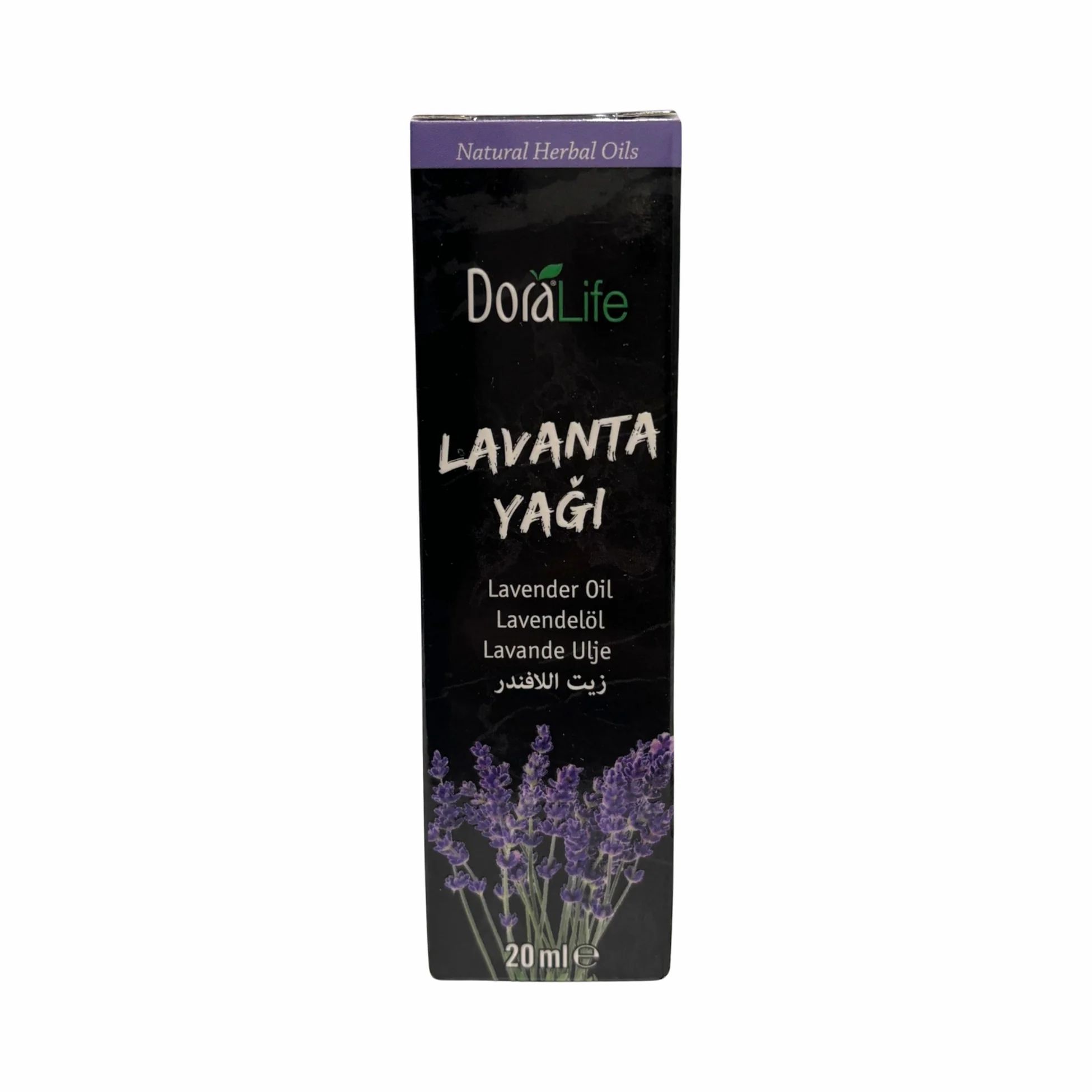 Schwarze Verpackung mit Produktnamen und Lavendel-Illustration. Text in mehreren Sprachen: Lavanta Yağı, Lavender Oil, Lavendelöl, Lavande Ulje, زيت اللافندر.