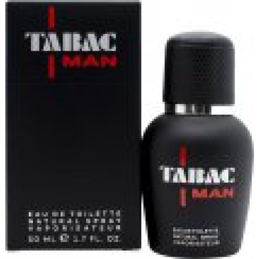 Schwarze Flasche und Schachtel. Aufschrift: TABAC MAN. Eau de Toilette Natural Spray. 50 ml.
