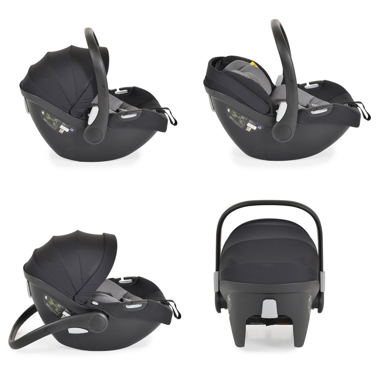 Schwarze Babyschale mit verstellbarem Griff und Verdeck. Mehrere Ansichten.