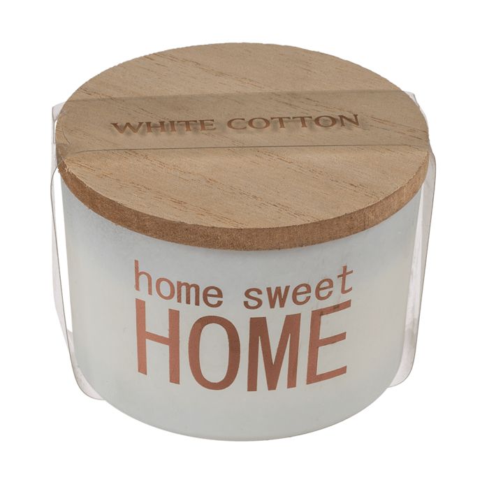 Bougie parfumée blanche avec couvercle en bois. Inscription "home sweet HOME". Couvercle avec "WHITE COTTON".