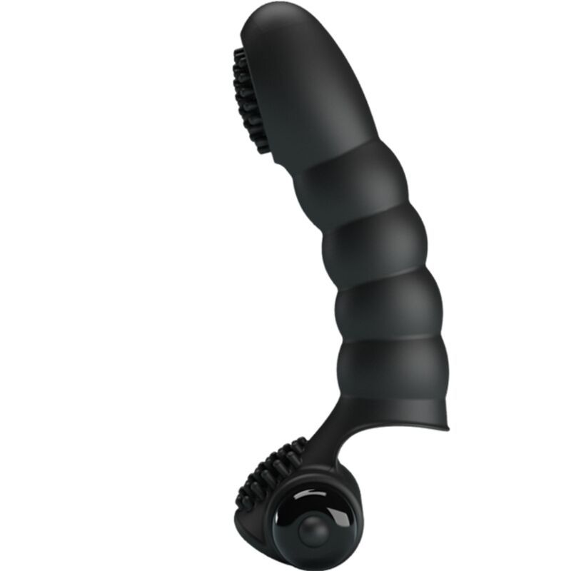 Schwarzer Fingeraufsatz-Vibrator. Geriffelte Spitze, gerillter Schaft. Zwei runde Enden mit Noppen. Auf weißem Hintergrund.