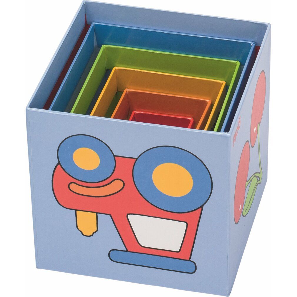 Goki Cheerful Block Tower. Sechs quadratische, farbige Blöcke ineinander. In einer Box mit Auto-Illustration.