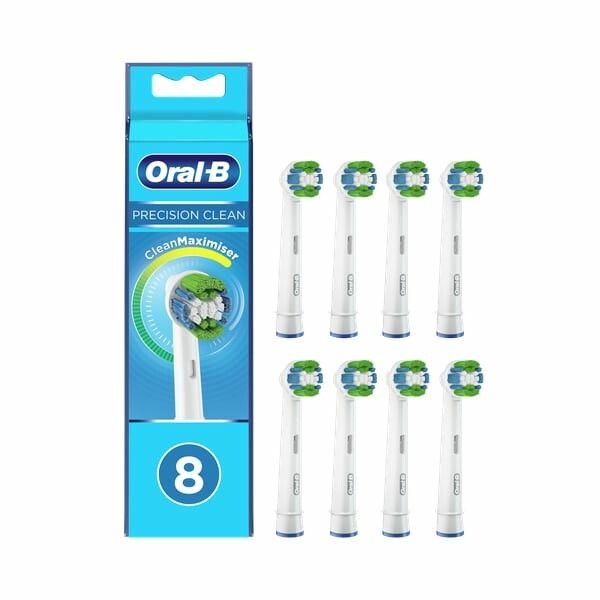 Zahnbürstenaufsätze mit Verpackung. Auf der Verpackung steht Oral-B Precision Clean Maximiser. 8 Aufsteckbürsten.