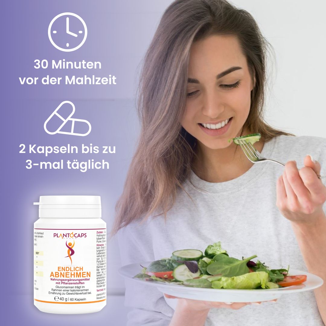 Frau isst Salat. Weiße Flasche mit Kapseln. Aufschrift: plantoCAPS, ENDLICH ABNEHMEN. 2 Kapseln bis zu 3-mal täglich.
