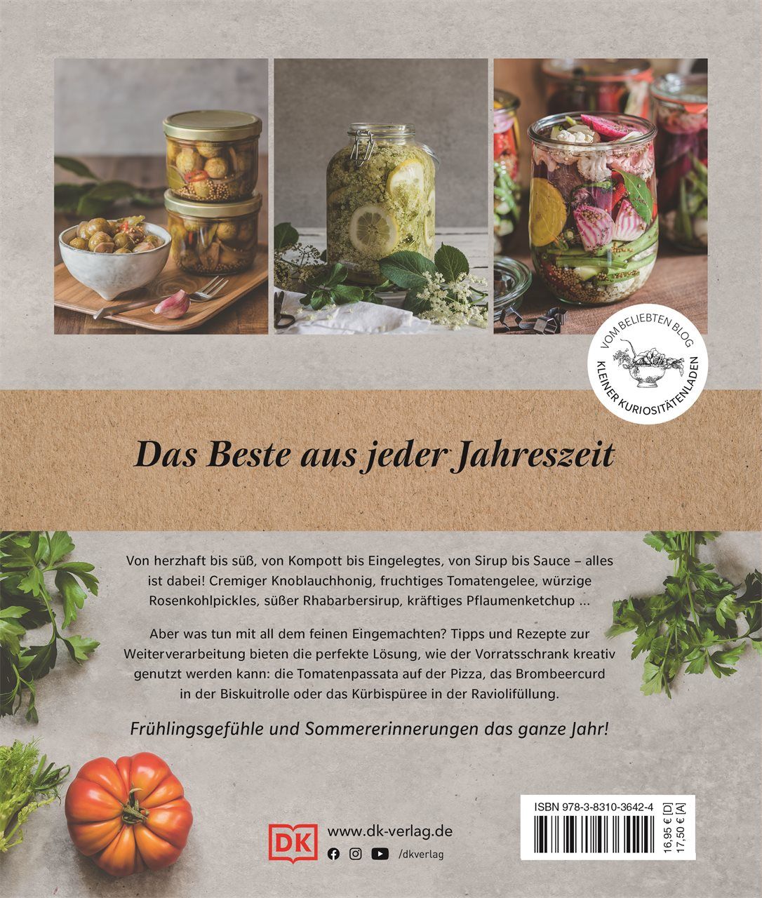 Rückseite des Buches "Das kleine feine Einmachbuch". Text und Bilder von Lebensmitteln in Gläsern.