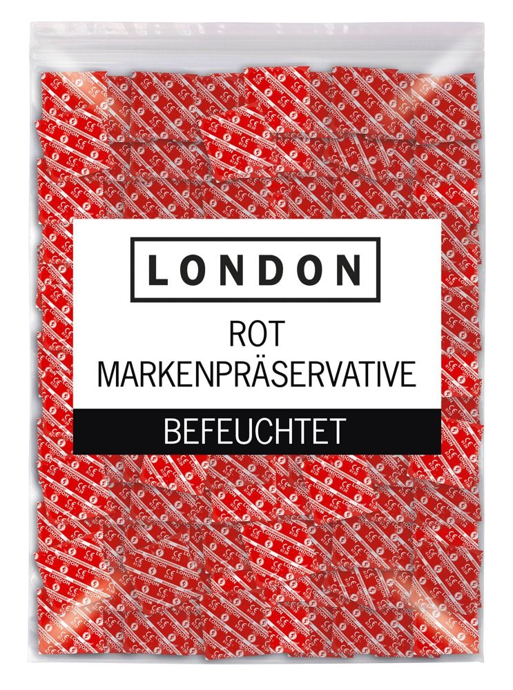 Verpackung mit vielen roten Kondom-Päckchen. Aufschrift: LONDON ROT MARKENPRÄSERVATIVE BEFEUCHTET.