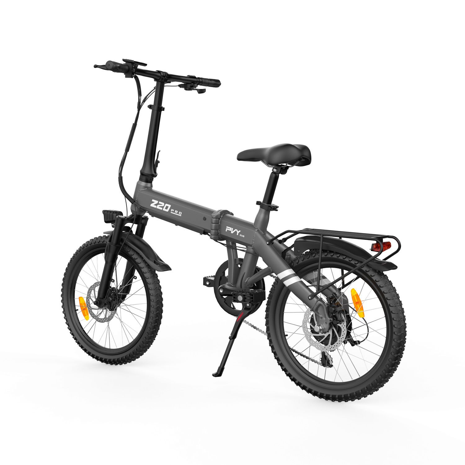 Graues Klapp-E-Bike mit schwarzem Sattel, Lenker und Reifen. Gepäckträger hinten. PVY-Logo.
