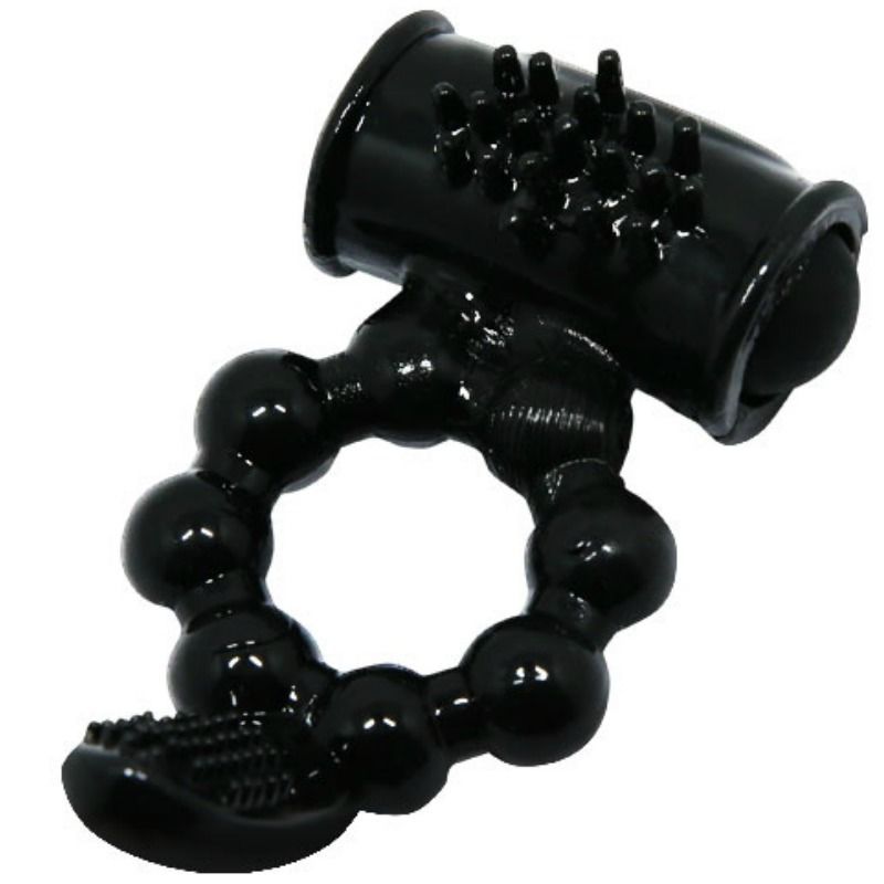 Schwarzer Penisring mit Doppelstimulator. Ring mit Kugeln, zwei Stimulatoren mit Noppen und Borsten.