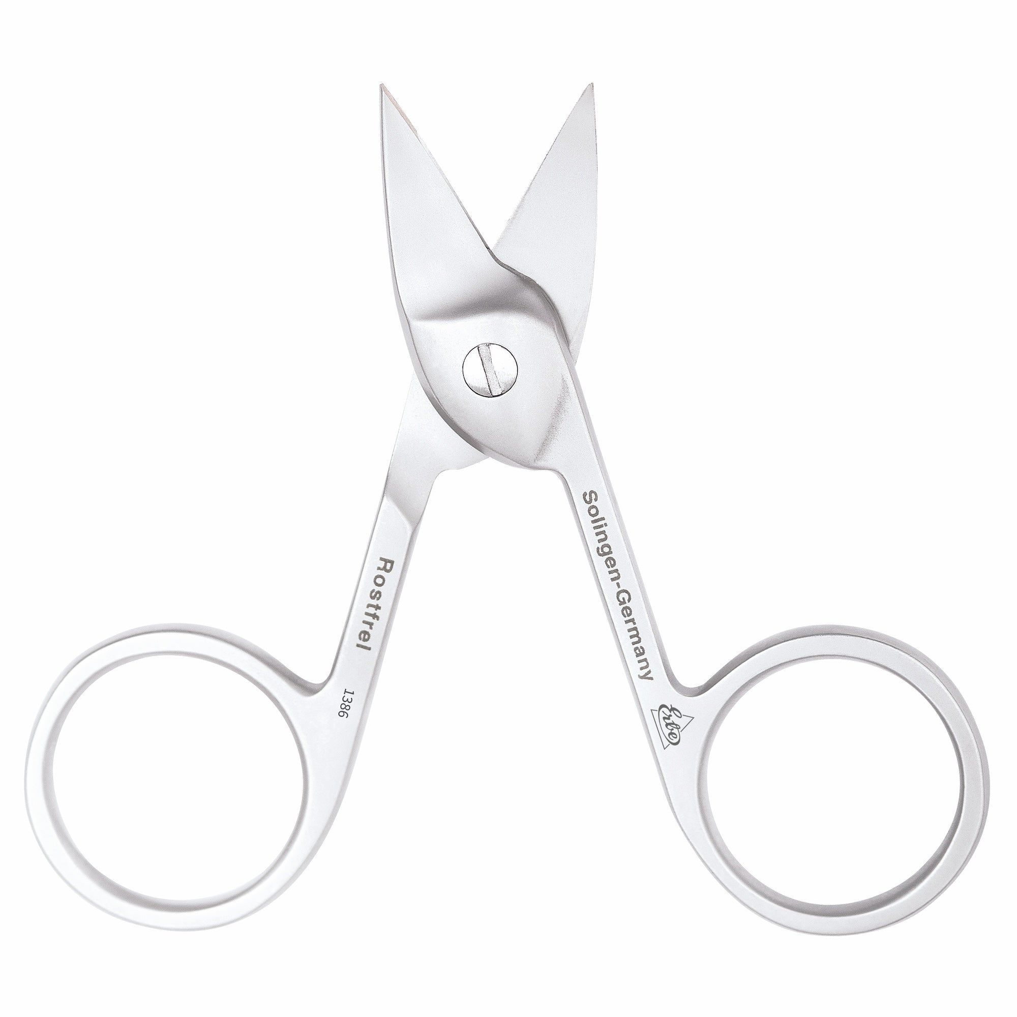 Nagelschere aus Edelstahl. Rostfrei, Solingen-Germany. Mit runden Griffen und spitz zulaufenden Schneiden. Aufschrift: Rostfrei 1386.